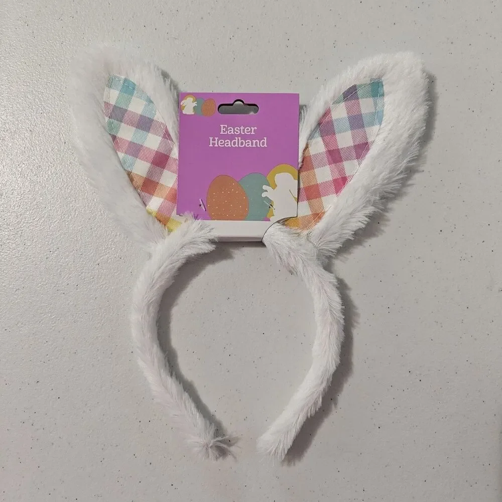 New DanDee Easter Bunny Ears Headband 8 Lot White Blue Plush Gingham Plaid NWT